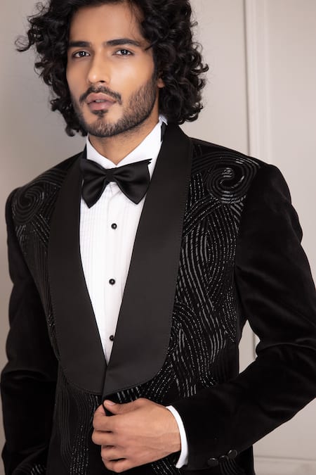 Buy_Amit Arora_Black Velvet, Polyester, Wool Cutdana Swerve Embellished Tuxedo With Trouser 