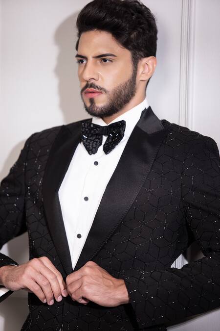 Amit Arora Black Kota Doria Cut Work Starlet Cutdana Embellished Tuxedo With Trouser at Aza Fashions Amit Arora_Black Kota Doria Cut Work Starlet Cutdana Embellished Tuxedo With Trouser _at_Aza_Fashions