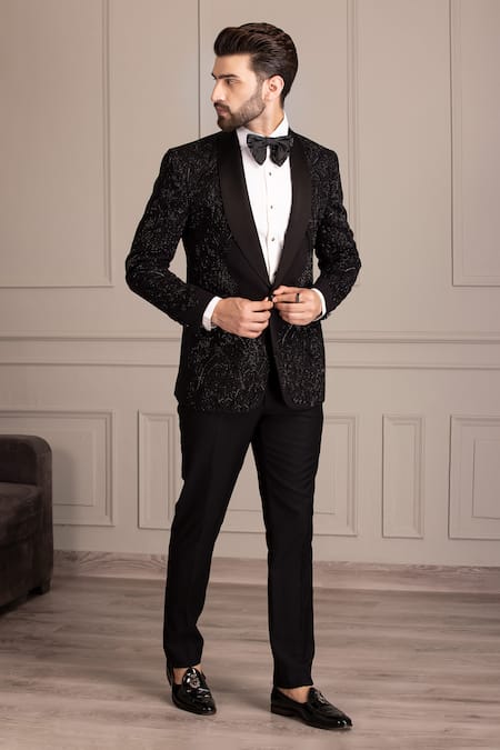 AMIT ARORA Black Knit Embroidery Cutdana Celeste Embellished Tuxedo With Trouser 