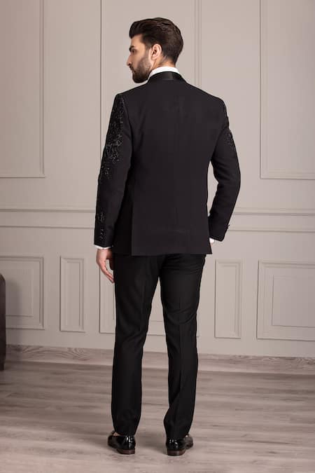 Shop Amit Arora Black Kota Doria Embroidery Celeste Cutdana Embellished Tuxedo With Trouser at Aza Fashions Shop_Amit Arora_Black Kota Doria Embroidery Celeste Cutdana Embellished Tuxedo With Trouser _at_Aza_Fashions
