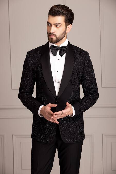 Amit Arora Black Kota Doria Embroidery Celeste Cutdana Embellished Tuxedo With Trouser Online at Aza Fashions Amit Arora_Black Kota Doria Embroidery Celeste Cutdana Embellished Tuxedo With Trouser _Online_at_Aza_Fashions