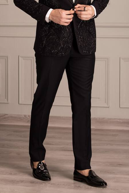 Shop Amit Arora Black Kota Doria Embroidery Celeste Cutdana Embellished Tuxedo With Trouser Online at Aza Fashions Shop_Amit Arora_Black Kota Doria Embroidery Celeste Cutdana Embellished Tuxedo With Trouser _Online_at_Aza_Fashions