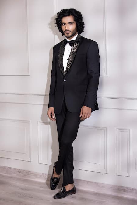 AMIT ARORA Black Pollywool Embroidery Sequin Petal Work Lapel Collar Tuxedo With Trouser 