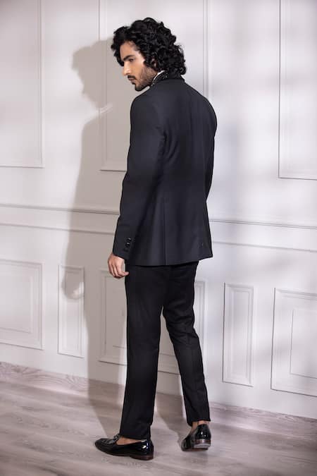 Shop Amit Arora Black Polyester, Wool Sequins Petal Work Lapel Collar Tuxedo With Trouser at Aza Fashions Shop_Amit Arora_Black Polyester, Wool Sequins Petal Work Lapel Collar Tuxedo With Trouser _at_Aza_Fashions