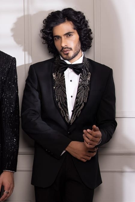 Amit Arora Black Polyester, Wool Sequins Petal Work Lapel Collar Tuxedo With Trouser Online at Aza Fashions Amit Arora_Black Polyester, Wool Sequins Petal Work Lapel Collar Tuxedo With Trouser _Online_at_Aza_Fashions