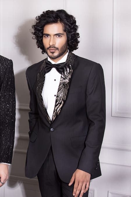 Shop Amit Arora Black Polyester, Wool Sequins Petal Work Lapel Collar Tuxedo With Trouser Online at Aza Fashions Shop_Amit Arora_Black Polyester, Wool Sequins Petal Work Lapel Collar Tuxedo With Trouser _Online_at_Aza_Fashions