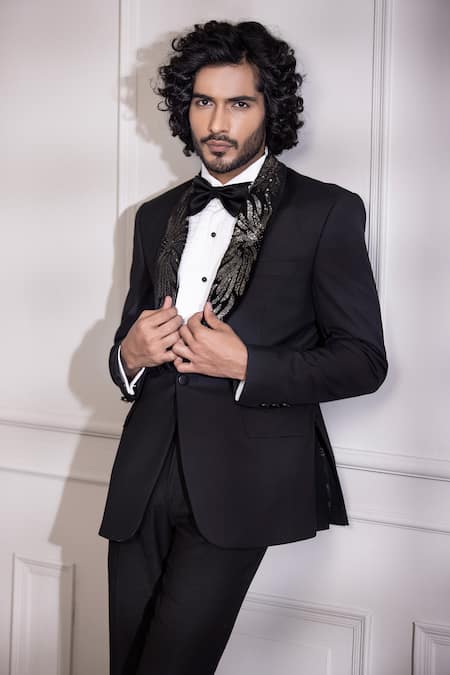 Buy Amit Arora Black Polyester, Wool Sequins Petal Work Lapel Collar Tuxedo With Trouser Buy_Amit Arora_Black Polyester, Wool Sequins Petal Work Lapel Collar Tuxedo With Trouser