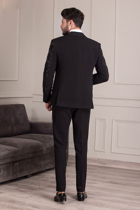 Shop Amit Arora Black Kota Doria Cut Work Astral Cutdana Embellished Tuxedo With Trouser at Aza Fashions Shop_Amit Arora_Black Kota Doria Cut Work Astral Cutdana Embellished Tuxedo With Trouser _at_Aza_Fashions