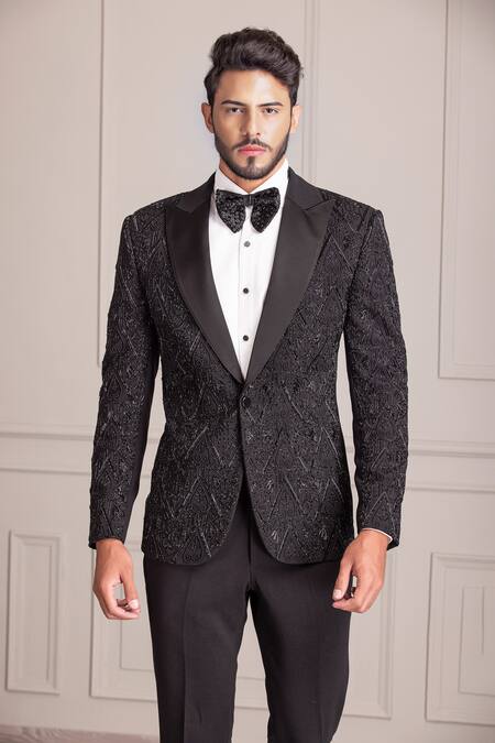 Amit Arora Black Kota Doria Cut Work Astral Cutdana Embellished Tuxedo With Trouser Online at Aza Fashions Amit Arora_Black Kota Doria Cut Work Astral Cutdana Embellished Tuxedo With Trouser _Online_at_Aza_Fashions