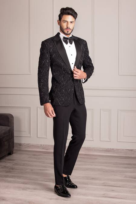 Shop Amit Arora Black Kota Doria Cut Work Astral Cutdana Embellished Tuxedo With Trouser Online at Aza Fashions Shop_Amit Arora_Black Kota Doria Cut Work Astral Cutdana Embellished Tuxedo With Trouser _Online_at_Aza_Fashions