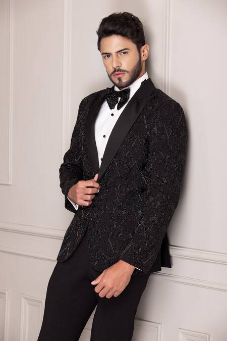 Amit Arora Black Kota Doria Cut Work Astral Cutdana Embellished Tuxedo With Trouser at Aza Fashions Amit Arora_Black Kota Doria Cut Work Astral Cutdana Embellished Tuxedo With Trouser _at_Aza_Fashions