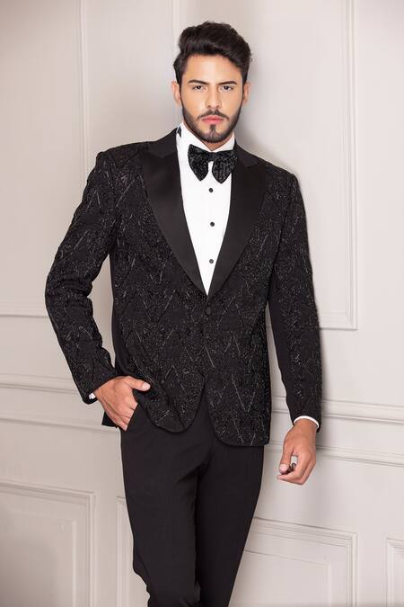 Buy Amit Arora Black Kota Doria Cut Work Astral Cutdana Embellished Tuxedo With Trouser Buy_Amit Arora_Black Kota Doria Cut Work Astral Cutdana Embellished Tuxedo With Trouser