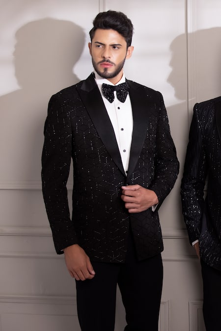 Shop Amit Arora Black Kota Doria Cut Work Astral Cutdana Embellished Tuxedo With Trouser Shop_Amit Arora_Black Kota Doria Cut Work Astral Cutdana Embellished Tuxedo With Trouser