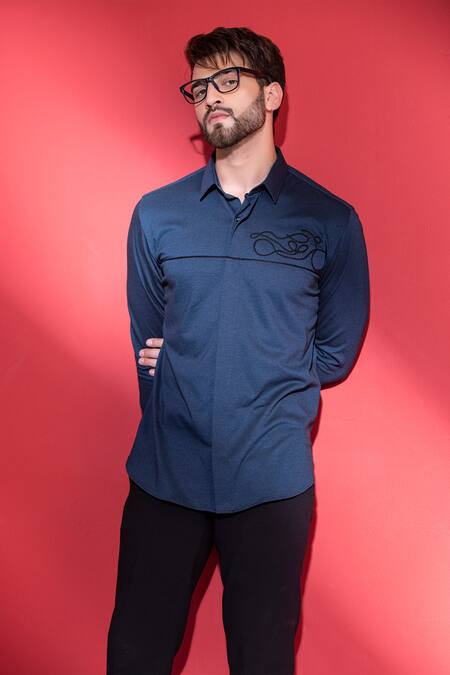 Amit Arora Blue Cotton Embroidery Hand Front Shirt Online at Aza Fashions Amit Arora_Blue Cotton Embroidery Hand Front Shirt_Online_at_Aza_Fashions