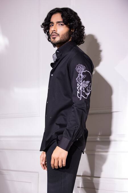 Amit Arora Black Cotton Embroidery Hand Sleeve Shirt Online at Aza Fashions Amit Arora_Black Cotton Embroidery Hand Sleeve Shirt _Online_at_Aza_Fashions