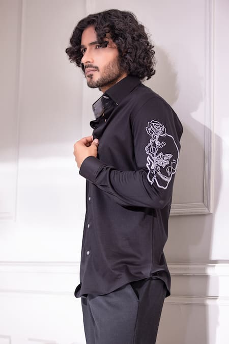 Shop Amit Arora Black Cotton Embroidery Hand Sleeve Shirt at Aza Fashions Shop_Amit Arora_Black Cotton Embroidery Hand Sleeve Shirt _at_Aza_Fashions