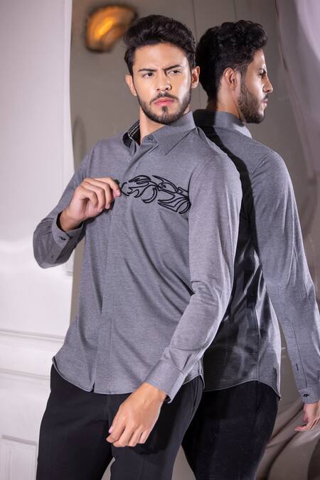 Amit Arora Grey Cotton, Lycra Embroidery Feather Hand Shirt Online at Aza Fashions Amit Arora_Grey Cotton, Lycra Embroidery Feather Hand Shirt_Online_at_Aza_Fashions