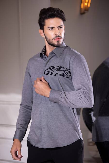 Shop Amit Arora Grey Cotton, Lycra Embroidery Feather Hand Shirt at Aza Fashions Shop_Amit Arora_Grey Cotton, Lycra Embroidery Feather Hand Shirt_at_Aza_Fashions