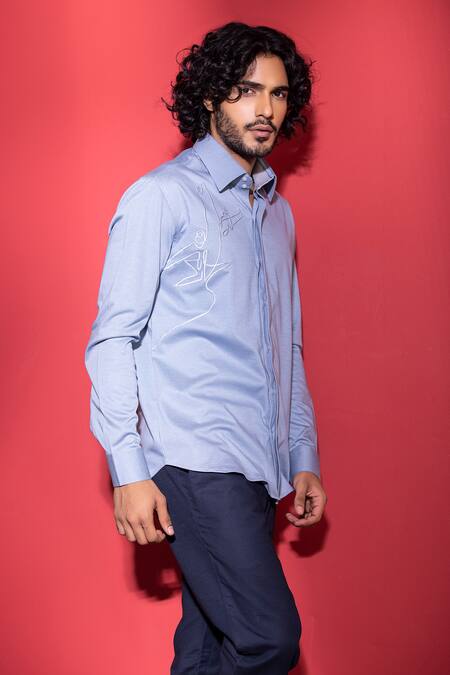 Amit Arora_Blue Cotton Embroidery Hand Cuff Sleeve Shirt_Online_at_Aza_Fashions