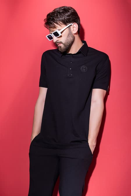 Amit Arora Black Cotton Embroidery Metal Button Detailed Front T-shirt Online at Aza Fashions Amit Arora_Black Cotton Embroidery Metal Button Detailed Front T-shirt _Online_at_Aza_Fashions