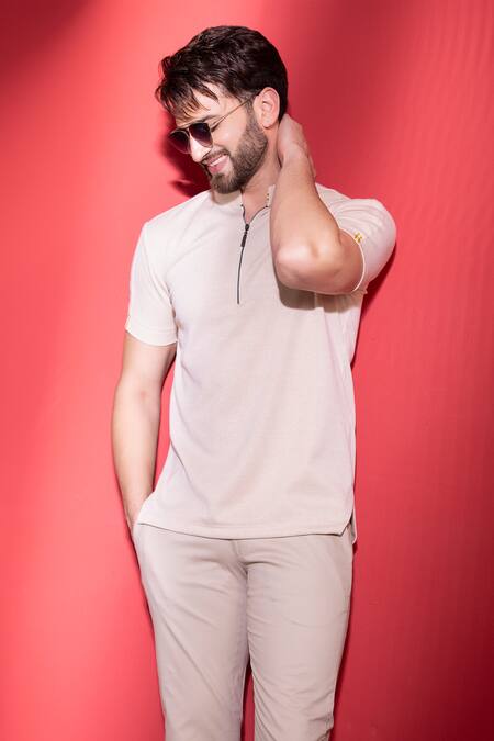 Amit Arora Beige Cotton Stand Collar Knitted T-shirt Online at Aza Fashions Amit Arora_Beige Cotton Stand Collar Knitted T-shirt_Online_at_Aza_Fashions