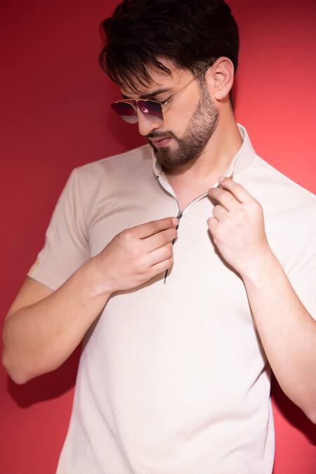 Buy Amit Arora Beige Cotton Stand Collar Knitted T-shirt Online at Aza Fashions Buy_Amit Arora_Beige Cotton Stand Collar Knitted T-shirt_Online_at_Aza_Fashions