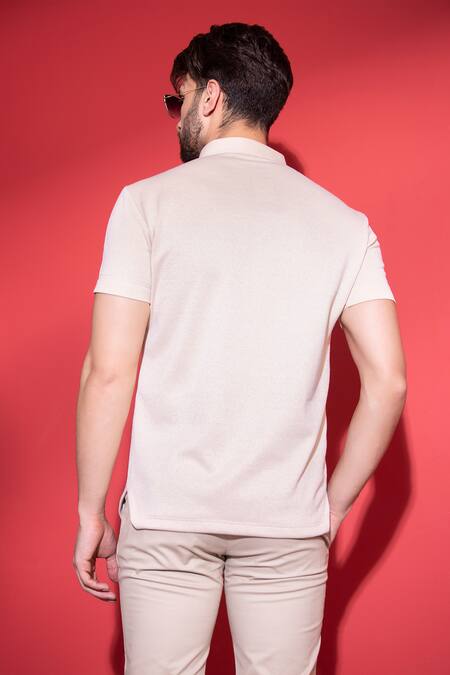 Shop Amit Arora Beige Cotton Stand Collar Knitted T-shirt at Aza Fashions Shop_Amit Arora_Beige Cotton Stand Collar Knitted T-shirt_at_Aza_Fashions