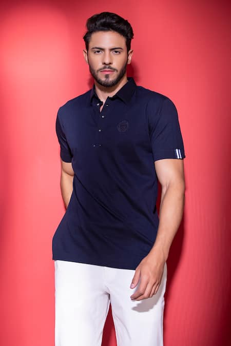 Amit Arora Blue Cotton Metal Button Detailed Knitted T-shirt Online at Aza Fashions Amit Arora_Blue Cotton Metal Button Detailed Knitted T-shirt _Online_at_Aza_Fashions
