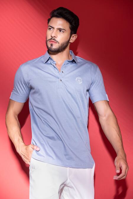 Amit Arora Blue Cotton Metallic Thread Button Detailed Collared T-shirt Online at Aza Fashions Amit Arora_Blue Cotton Metallic Thread Button Detailed Collared T-shirt _Online_at_Aza_Fashions