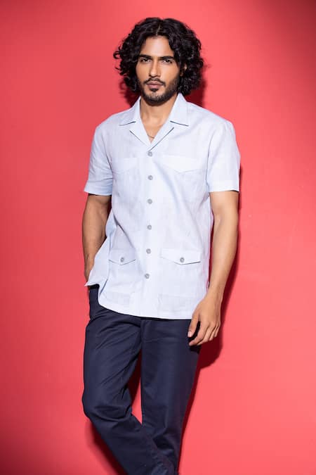 AMIT ARORA Blue Linen Patch Pocket Detailed Safari Shirt 