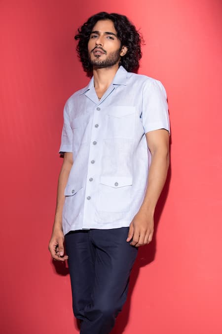 Amit Arora_Blue Linen Patch Pocket Detailed Safari Shirt _Online_at_Aza_Fashions