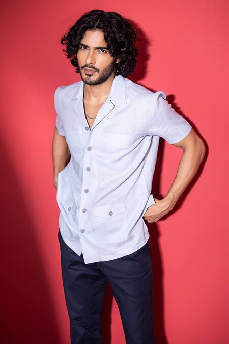 Buy_Amit Arora_Blue Linen Patch Pocket Detailed Safari Shirt _Online_at_Aza_Fashions