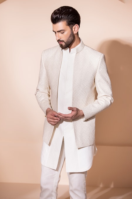 Buy Amit Arora Cream Jacquard, Silk Embroidery Hand Sherwani With Pant Set Online at Aza Fashions Buy_Amit Arora_Cream Jacquard, Silk Embroidery Hand Sherwani With Pant Set _Online_at_Aza_Fashions