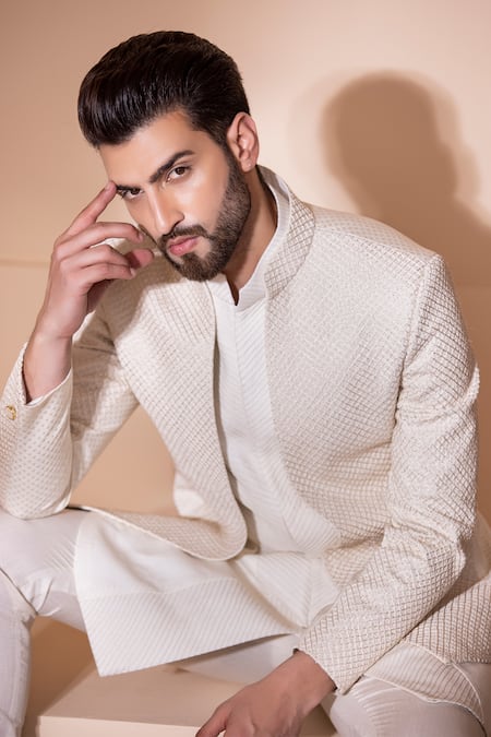 Shop Amit Arora Cream Jacquard, Silk Embroidery Hand Sherwani With Pant Set Online at Aza Fashions Shop_Amit Arora_Cream Jacquard, Silk Embroidery Hand Sherwani With Pant Set _Online_at_Aza_Fashions