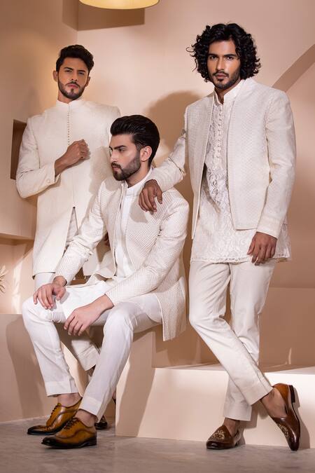 Amit Arora Cream Jacquard, Silk Embroidery Hand Sherwani With Pant Set at Aza Fashions Amit Arora_Cream Jacquard, Silk Embroidery Hand Sherwani With Pant Set _at_Aza_Fashions