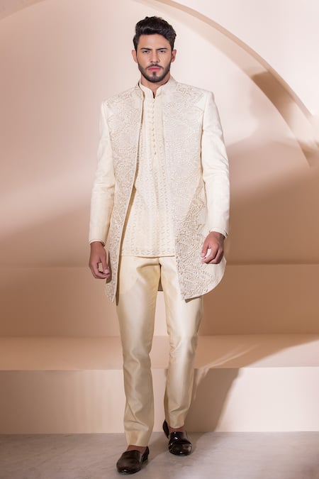 AMIT ARORA Cream Pant Cotton Hand Embroidered Jacket With Short Kurta Set 