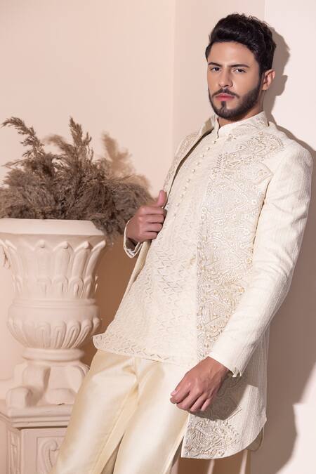Buy_Amit Arora_Cream Cotton Embroidery Hand Jacket With Short Kurta Set _Online_at_Aza_Fashions
