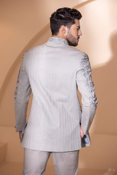 Shop Amit Arora Grey Cotton Embroidery Floral Hand Bandgala With Pant at Aza Fashions Shop_Amit Arora_Grey Cotton Embroidery Floral Hand Bandgala With Pant_at_Aza_Fashions