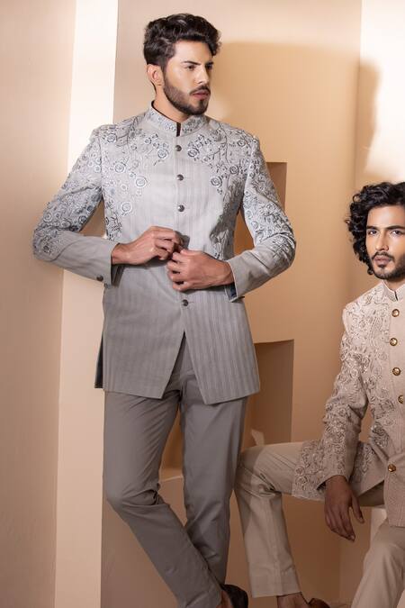 Amit Arora Grey Cotton Embroidery Floral Hand Bandgala With Pant Online at Aza Fashions Amit Arora_Grey Cotton Embroidery Floral Hand Bandgala With Pant_Online_at_Aza_Fashions