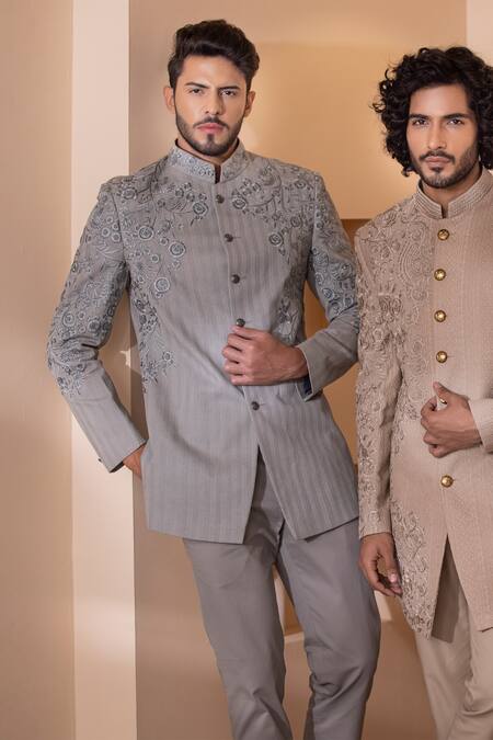 Buy Amit Arora Grey Cotton Embroidery Floral Hand Bandgala With Pant Online at Aza Fashions Buy_Amit Arora_Grey Cotton Embroidery Floral Hand Bandgala With Pant_Online_at_Aza_Fashions