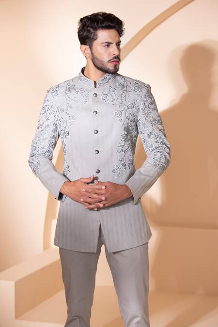 Shop Amit Arora Grey Cotton Embroidery Floral Hand Bandgala With Pant Online at Aza Fashions Shop_Amit Arora_Grey Cotton Embroidery Floral Hand Bandgala With Pant_Online_at_Aza_Fashions