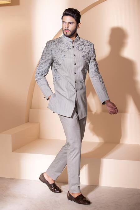 Amit Arora Grey Cotton Embroidery Floral Hand Bandgala With Pant at Aza Fashions Amit Arora_Grey Cotton Embroidery Floral Hand Bandgala With Pant_at_Aza_Fashions