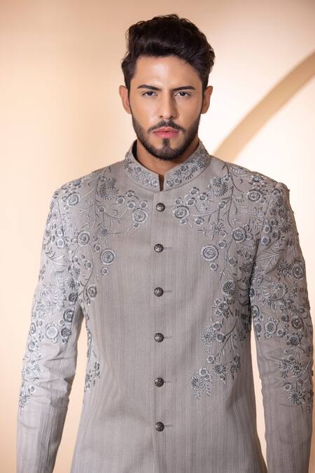Buy Amit Arora Grey Cotton Embroidery Floral Hand Bandgala With Pant Buy_Amit Arora_Grey Cotton Embroidery Floral Hand Bandgala With Pant