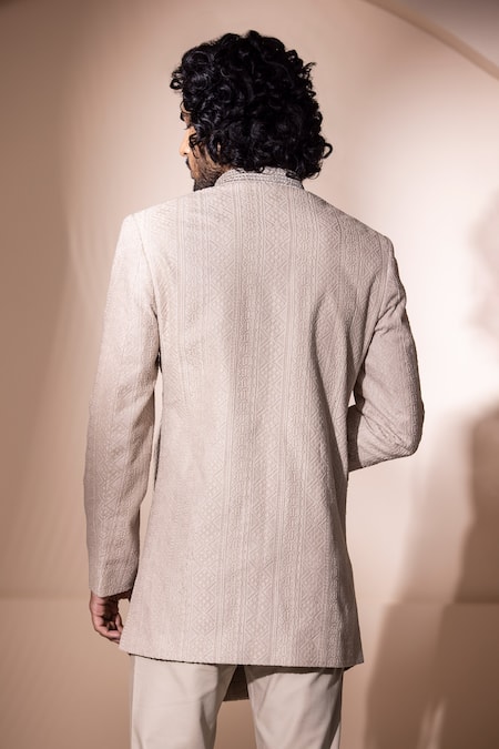 Shop_Amit Arora_Beige Cotton, Polyester Embroidery Floral Hand Sherwani With Pant _at_Aza_Fashions