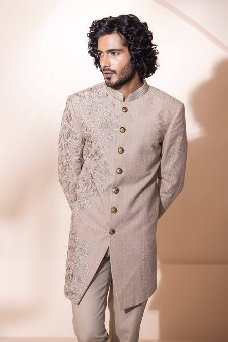 Amit Arora_Beige Cotton, Polyester Embroidery Floral Hand Sherwani With Pant _Online_at_Aza_Fashions