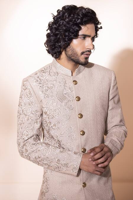 Buy_Amit Arora_Beige Cotton, Polyester Embroidery Floral Hand Sherwani With Pant _Online_at_Aza_Fashions