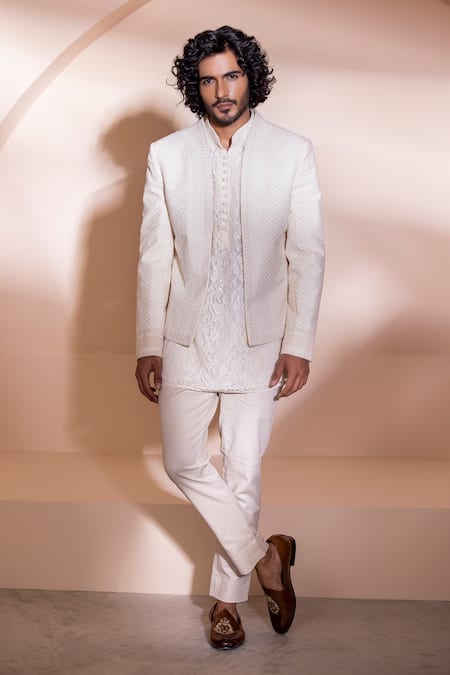 AMIT ARORA Cream Pant Cotton Hand Embroidered Floral Sherwani And Set 