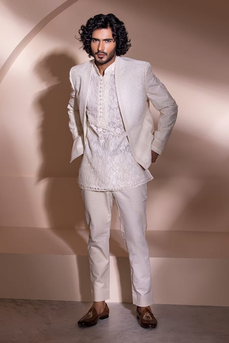 Shop Amit Arora Cream Cotton Embroidery Hand Sherwani And Pant Set at Aza Fashions Shop_Amit Arora_Cream Cotton Embroidery Hand Sherwani And Pant Set _at_Aza_Fashions