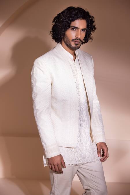 Shop Amit Arora Cream Cotton Embroidery Hand Sherwani And Pant Set Online at Aza Fashions Shop_Amit Arora_Cream Cotton Embroidery Hand Sherwani And Pant Set _Online_at_Aza_Fashions