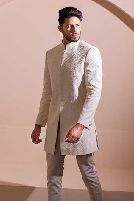 Amit Arora Cream Cotton Embroidery Hand Sherwani With Pant Online at Aza Fashions Amit Arora_Cream Cotton Embroidery Hand Sherwani With Pant _Online_at_Aza_Fashions
